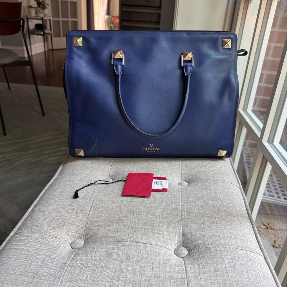 Valentino Navy Leather Tote with Gold Accents